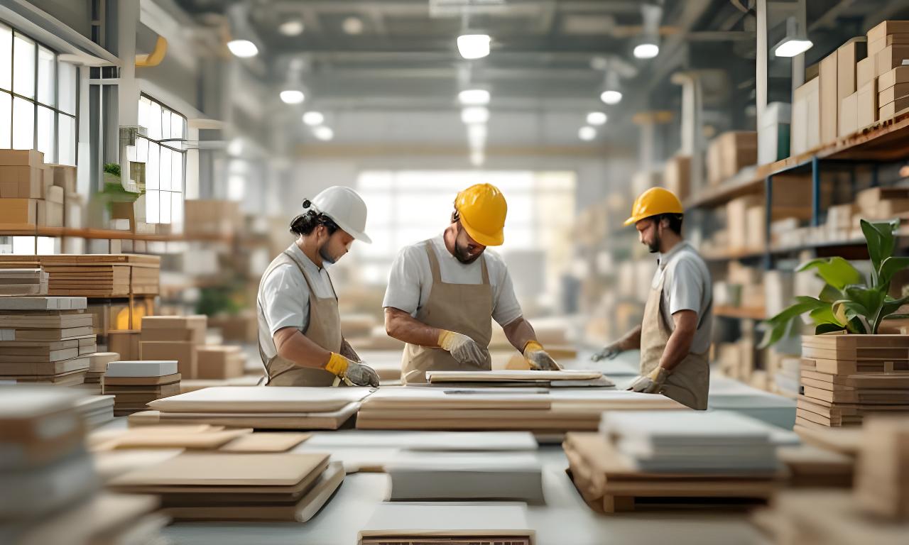 Mitarbeitende von Rote Palme Rohstoffe GmbH prüfen nachhaltige Baustoffe in einer hellen Produktionshalle mit natürlichen Materialien