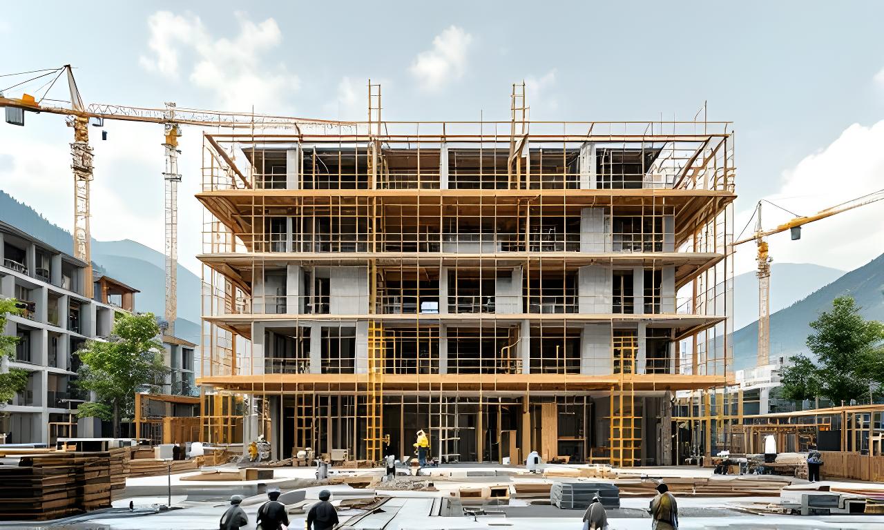 Moderne nachhaltige Baustelle mit klaren Linien, Holzgerüst und viel Tageslicht in Zürich