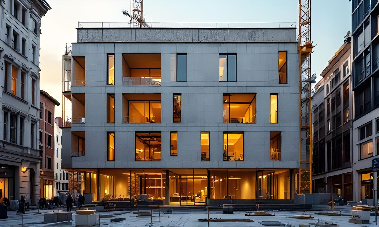 Modernes Bauprojekt mit Beton- und Ziegelarbeiten in Zürich bei warmem Abendlicht
