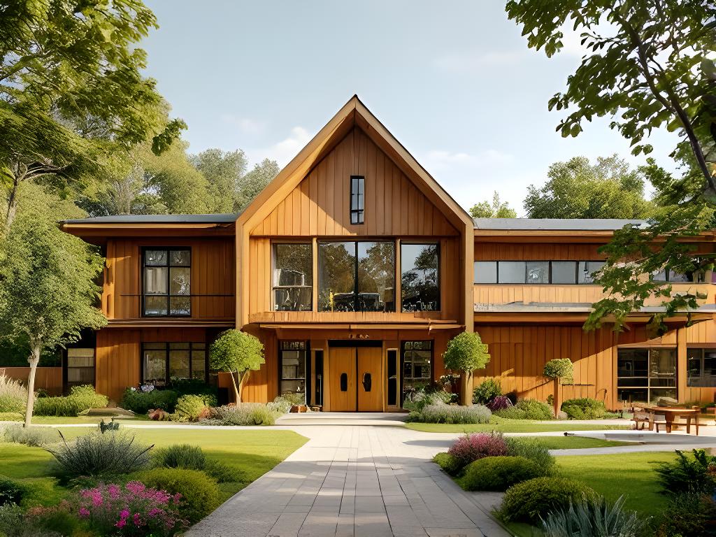 Schulhaus mit Holz und mineralischen Baustoffen, umgeben von einer freundlichen Aussenanlage
