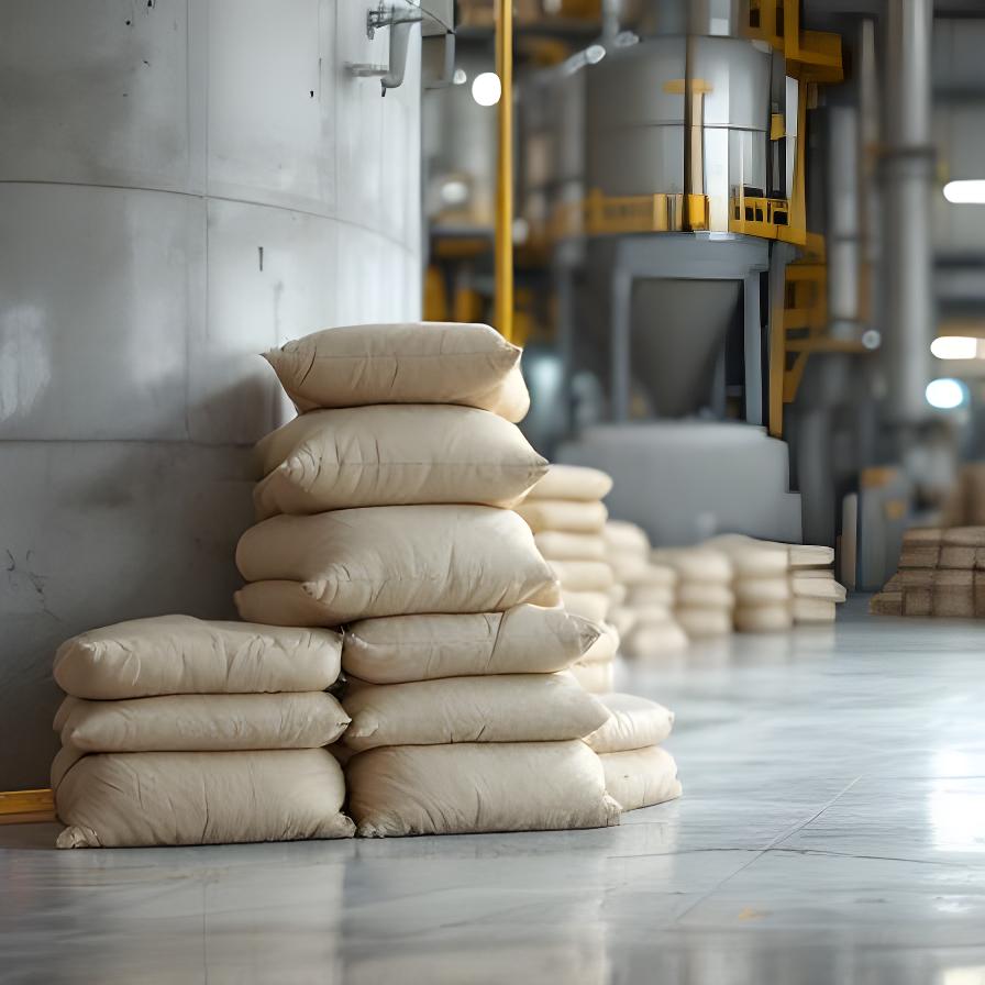 Nahaufnahme von Zementsäcken und einem Industriesilo vor einer sauberen Produktionshalle mit strukturiertem Betonboden