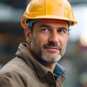 Portrait eines Bauleiters vor einer Baustellenkulisse mit Schutzhelm