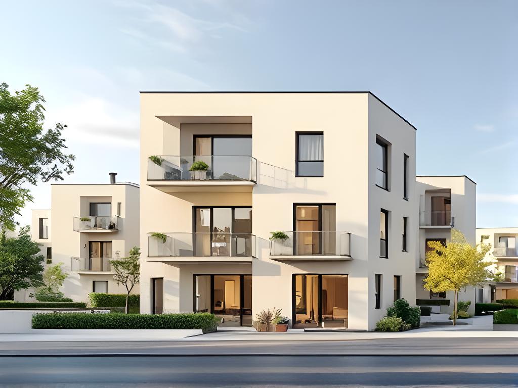 Wohnsiedlung mit hellen Fassaden und sorgfältig ausgeführten Betonbauteilen in Zürich