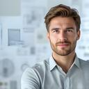 Portrait eines Projektentwicklers in einem hellen Büro mit Bauplänen im Hintergrund
